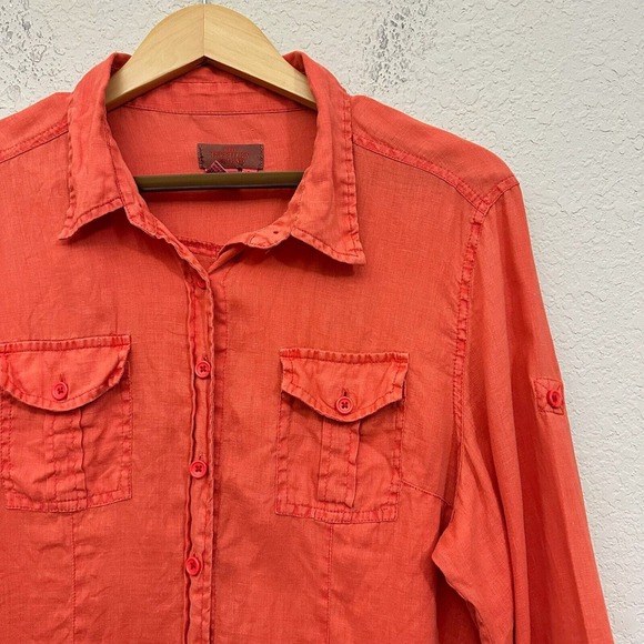 THE TERRITORY AHEAD 100% Linen Button-Up Shirt Roll-Tab Sleeve Orange - Picture 2 of 8
